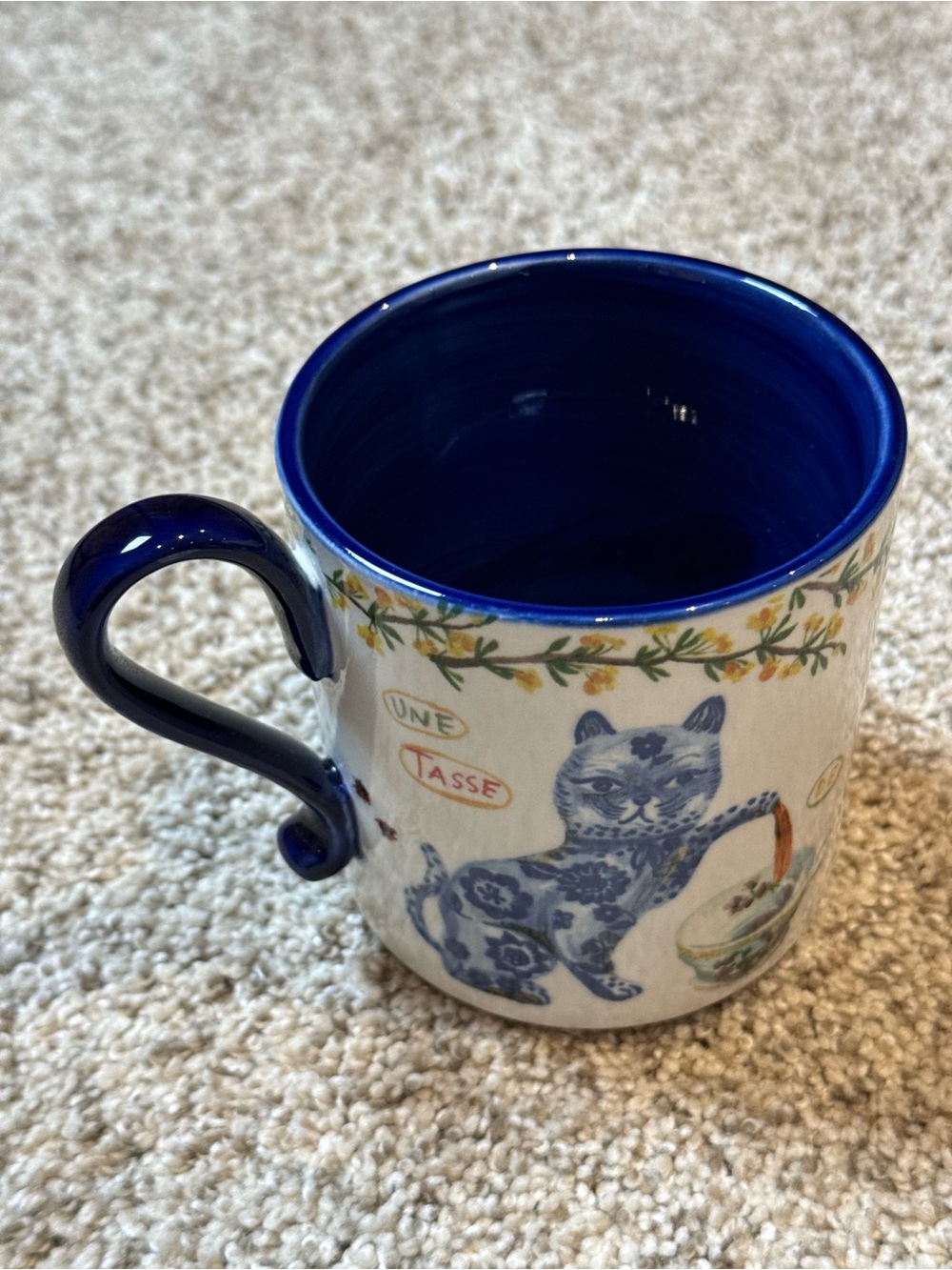 Anthropologie Blue and White Floral Cat Mug with Gold Handle Accent - Picture 5 of 6